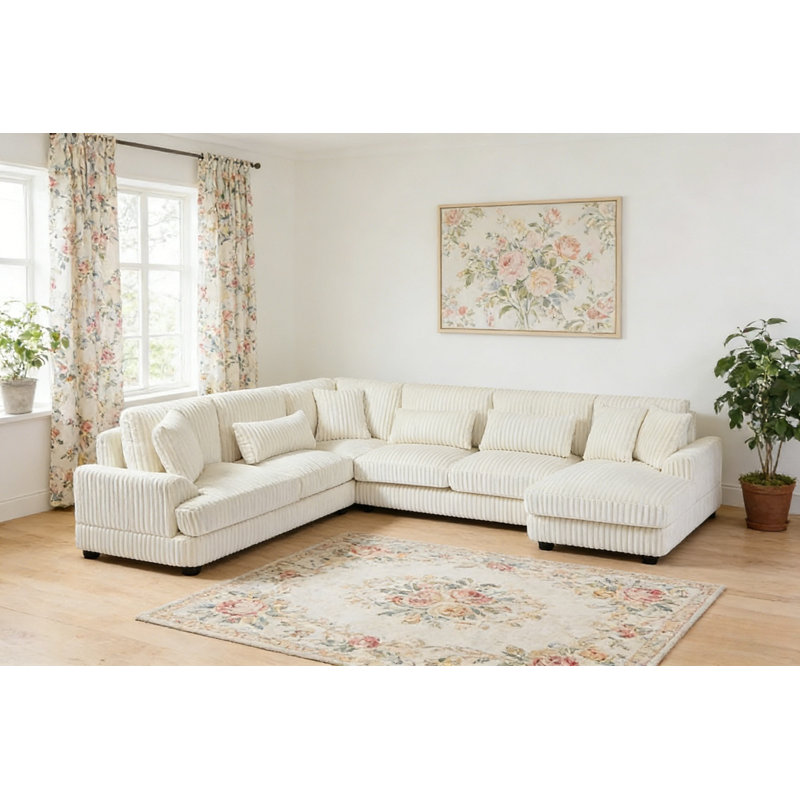 129" Oversized Sectional Sofa U-shaped Sofa Couch, Beige Corduroy