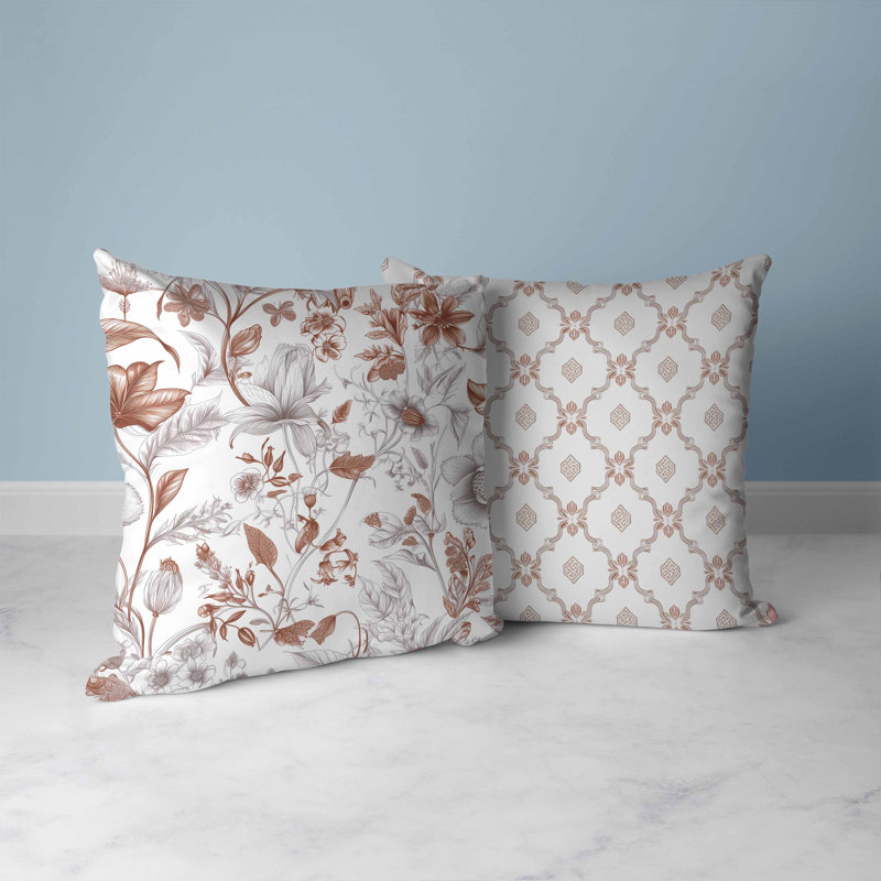 Indoor / Outdoor Floral White Square Cushion, 66cm H x 66cm W, Brown/White
