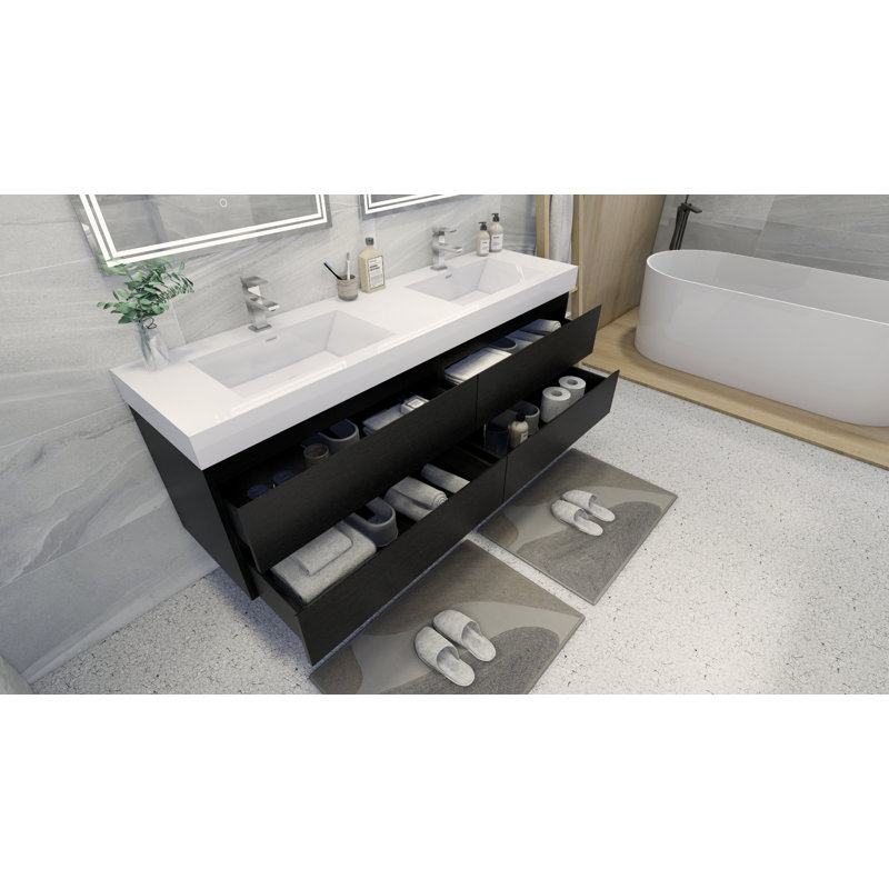 Ensemble de meuble-lavabo de salle de bain double fixé au mur 71" Leni, Noir
