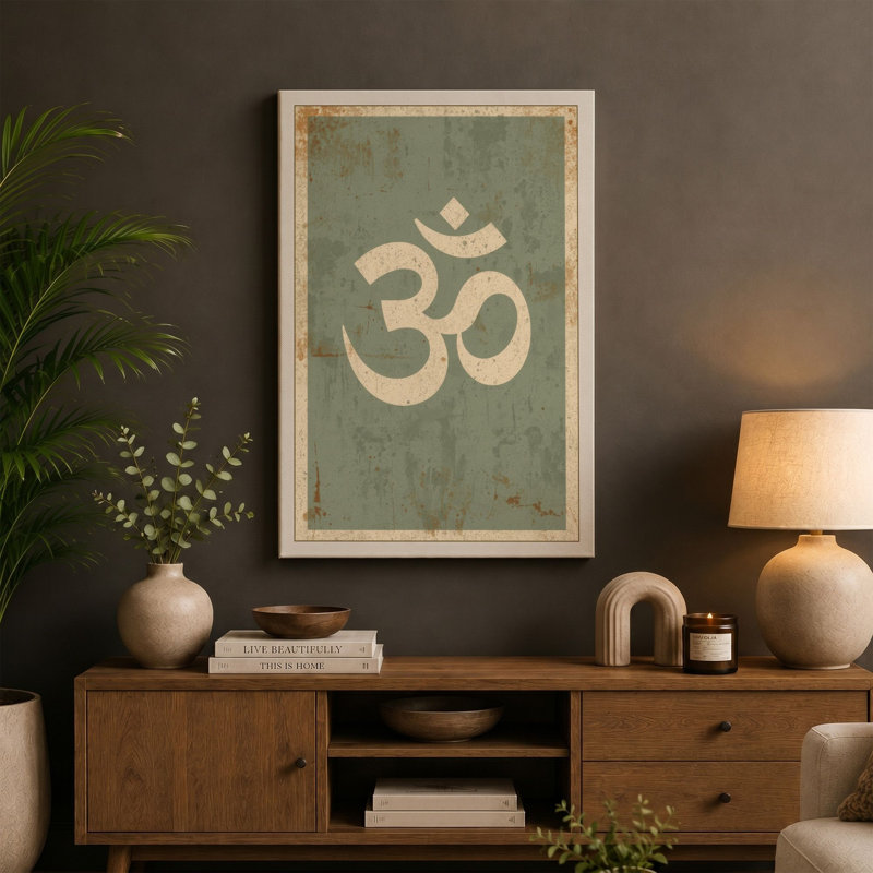 Om in Sage Minimalist 1 Piece Wrapped Canvas Wall Art, 36x24 - 91.4 x 61.0 cm, White Border
