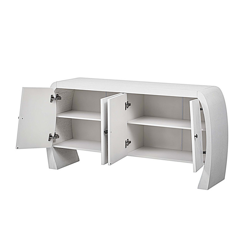 Armoire de rangement à quatre portes en placage de frêne avec pieds courbés, Blanc