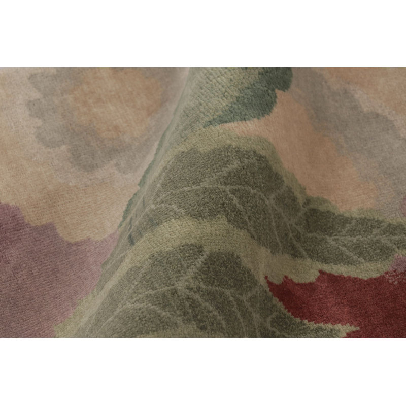 Art Deco Hand Knotted Wool Floral Area Rug in Blue, Beige, Green, Taupe, Rectangle 5' x 7'
