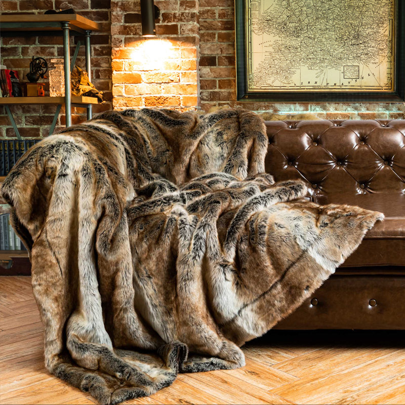 Luxurious Brown Faux Fur Reversible Throw Blanket, 60"x80"