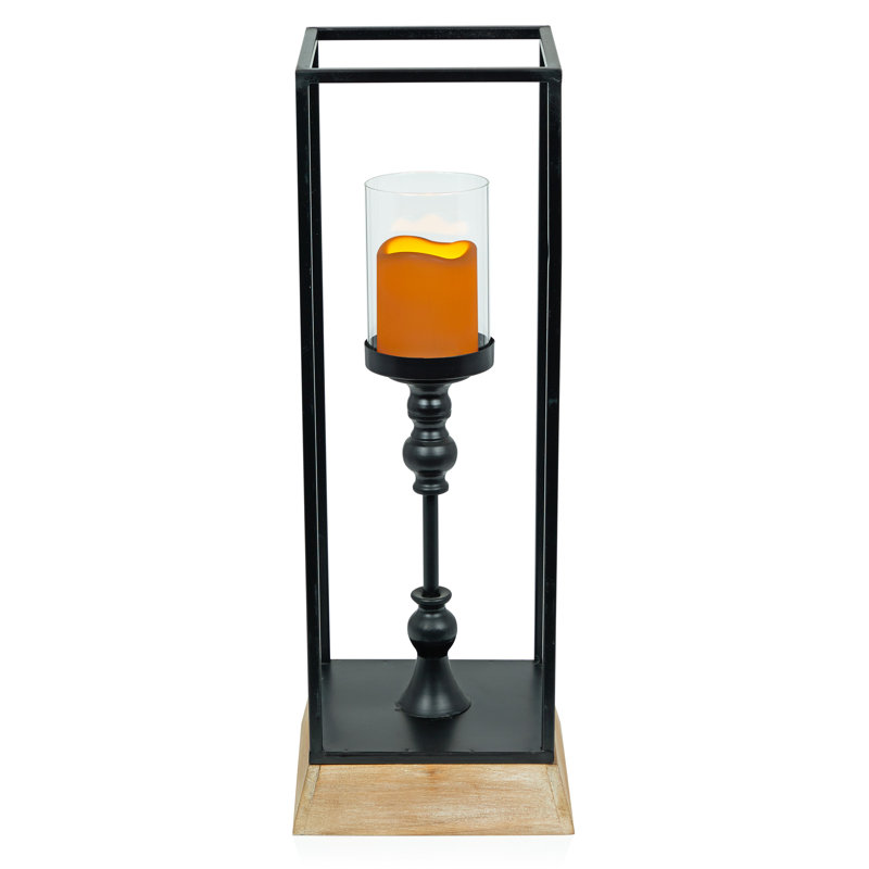 Lanterne en métal et verre avec bougie DEL, H 25 po x l 9 po x P 9 po