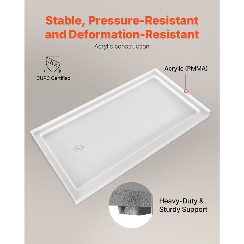 Shower Pan, 60″ L X 30″ W Single Threshold Shower Base, Rectangle Acrylic And PVC Showering Base In White, Slip-Resistant Showering Pan Bases With Drain And Cover For Bathroom, Left Drain Location