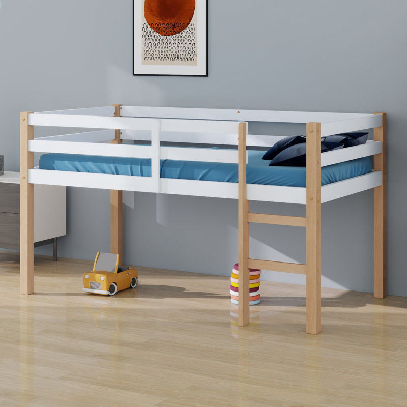 Solid Wooden, Rubber Wooden  Loft Bed With Ladder, Bed Platform Of Strengthened Slats, Natural/White