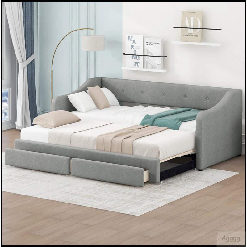 Lit de jour simple tapissier très grand avec deux tiroirs, gris