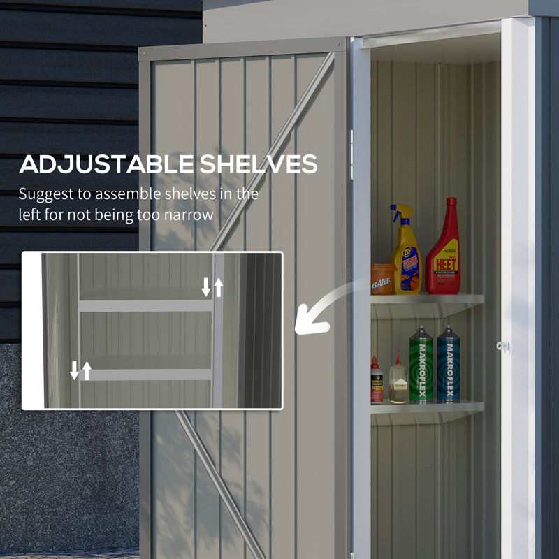 Gray Metal Outdoor Storage Shed with Shelving