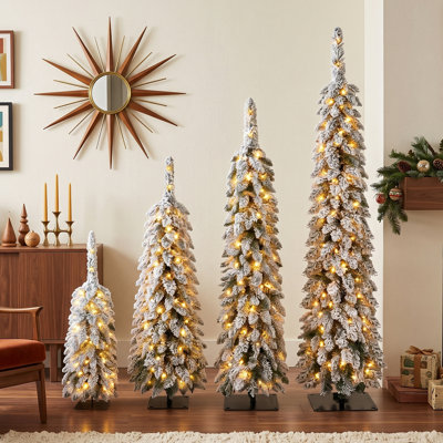 3 pi, 4 pi, 5 pi, 6 pi, 4 paquets d'arbres de Noël pré-floqués, arbre de Noël au crayon avec pointes de neige, décor X'Mas pour la maison intérieure, conception de crayon étroit pour les petits espaces et les coins