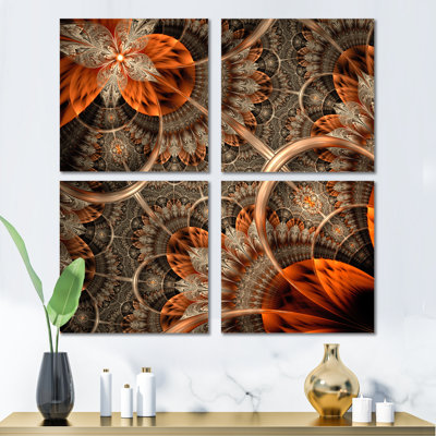 Orange orange, art numérique, fractale, art floral sur toile, ensemble de 4 pièces