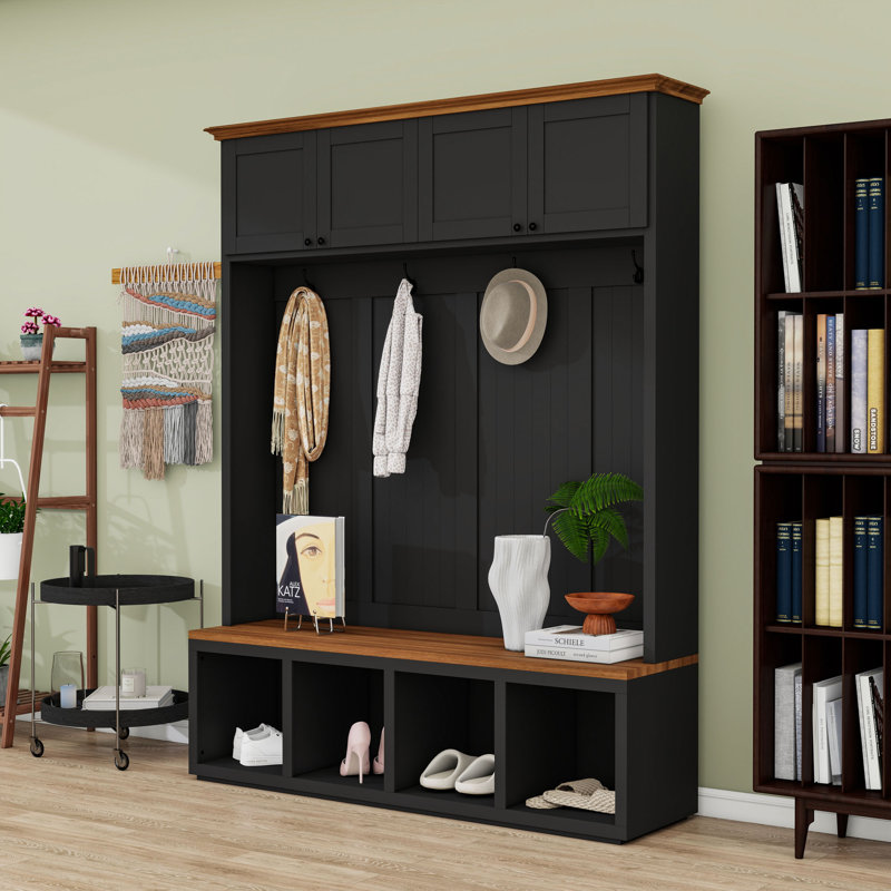 Hall Tree with Storage Bench, 4 Cabinets, 4 Open Compartments and 4 Hooks, Black