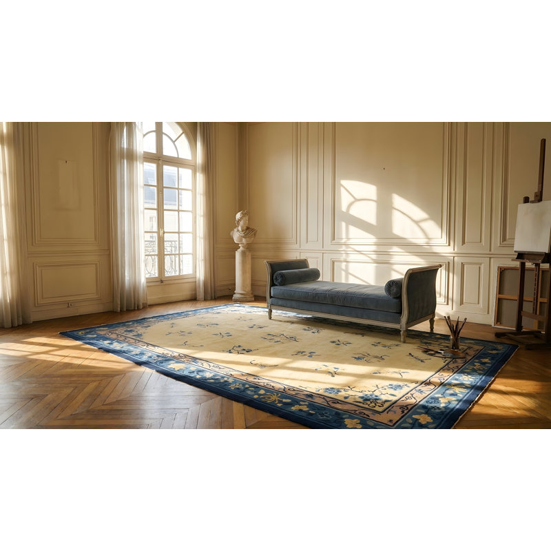 Antique Wool Blue Ivory Beige Cream White Hand Knotted Pile Rug
