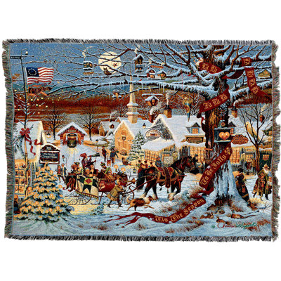 Pure Country Weavers Small Town Christmas Blanket by Charles Wysocki - Sleigh Ride Early America Gift Tapestry Throw Woven from Cotton - Made in The USA (72x54)