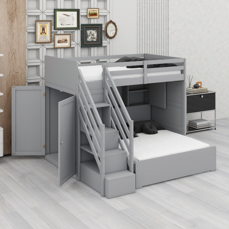 Lit superposé moderne avec escalier de rangement, garde-robe, ports USB et éclairage DEL, Grey