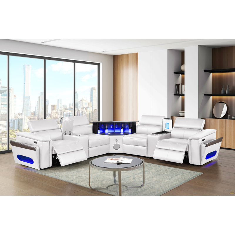 Nova Modern Style Sectional With 1 Console (Reading Light), Wedge With Bluetooth Speaker, LED And Lifting Wine Cabinet - White