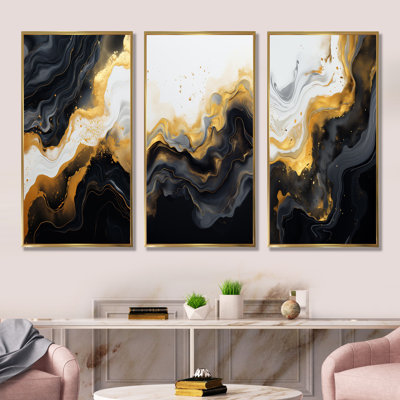 Or et marbre noir Essence I - ensemble de 3 reproductions d'art abstrait en marbre