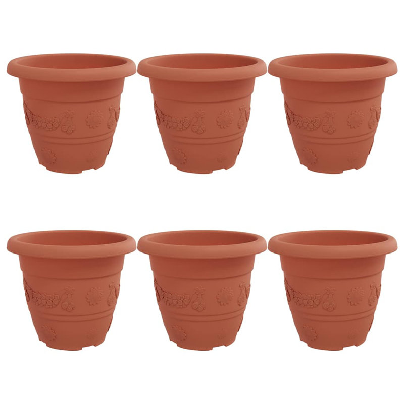 Round Flower Pot 6 Pcs Plastic, Brick Red, 18cm H x 22cm W x 22cm D