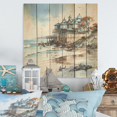 Beach House Charm In Winter I - Coastal Pier, art mural sur bois de pin naturel