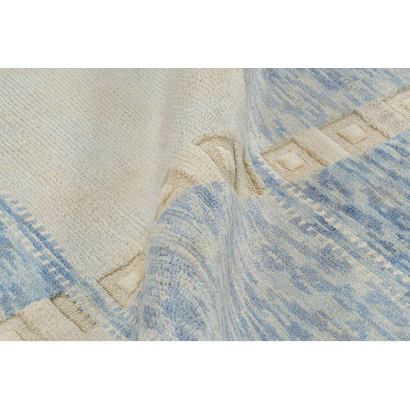 Rug & Kilim’S Scandinavian Rug In Blue And Cream With Geometric Patterns, Rectangle 10' x 14'