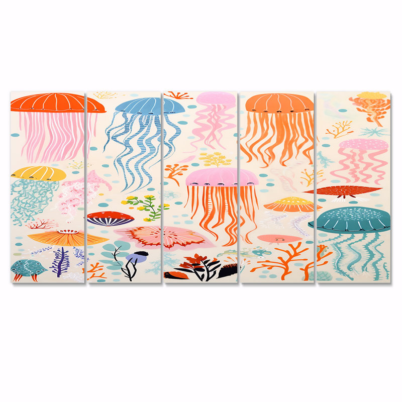 Adorable méduse rétro, ensemble 5 pièces de décoration murale méduse, H 28 po x l 60 po