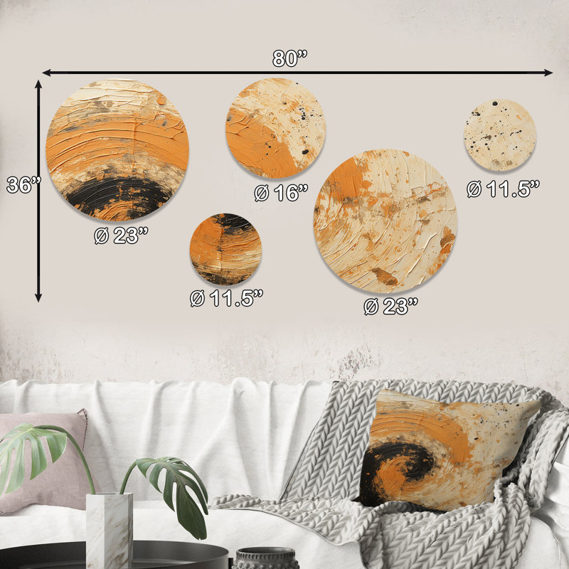 Radiant Revolve, spirale orange moderne - ensemble d'art mural rond en spirales abstraites de 5