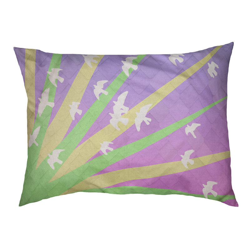Coussin stylisés d’oiseaux et de soleil Burien, L 32,5 po x l 42,5 po, Jaune / mauve / brun foncé