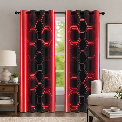 2 pièces rideaux à motifs hexagonaux rouges et noirs, rideaux de style géométrique, rideaux à oeillets imprimés à effet néon industriel moderne, habillage de fenêtre pour le décor de la chambre à coucher