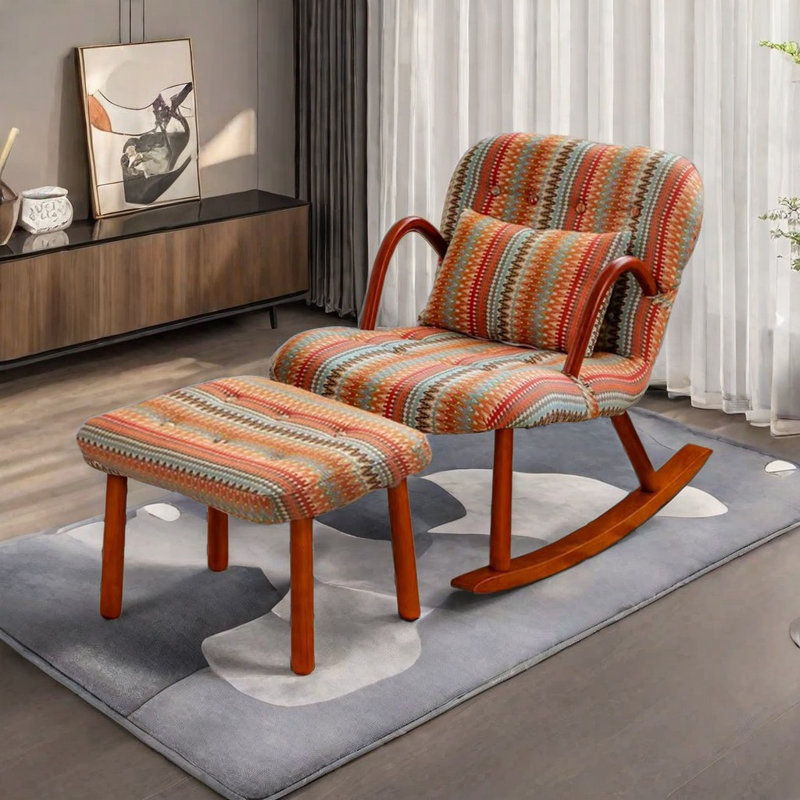 Chaise berçante en bois massif American Retro, Brun/rouge/orange