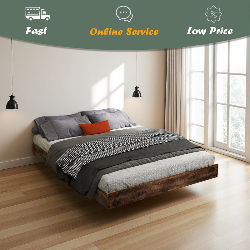 Floating Bed Frame With LED Lights, Heavy Duty Metal Platform, Queen