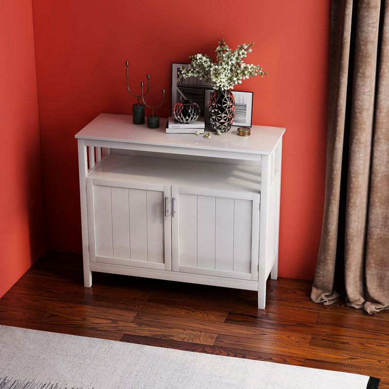 White Buffet Server Cabinet For Kitchen. E1 Material. Painted Top And Shelves. Large Storage Capacity With Adjustable Shelf. Easy Assembly Kit Included. Secure Magnetic Door Kitchen Side - White.