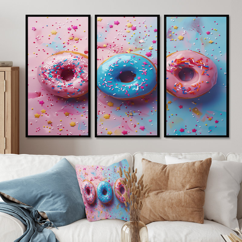 Ensemble de décorations murales délicieuses roses et bleues «Sparkle Donuts I», H 28 po x l 36 po x P 1 po