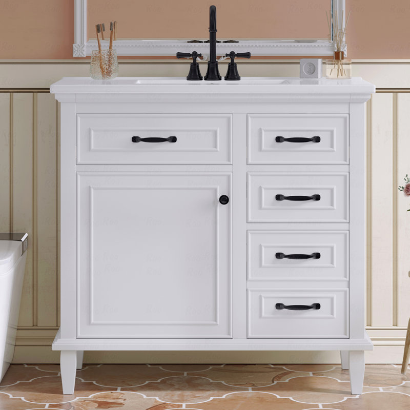 Meuble-lavabo 36 po avec comptoir en céramique, structure en bois massif, armoire en MDF et peuplier, tiroirs rabattables, tablette réglable et poignées en alliage de zinc
