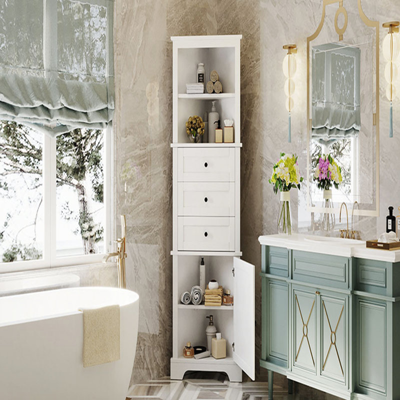 White Tall MDF Bathroom Cabinet with Adjustable Shelves and Drawers