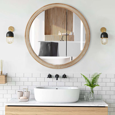 Miroir mural rond rond avec cadre tissé texturé en rotin, décor rustique moderne pour la salle de bain et le salon, conception murale facile