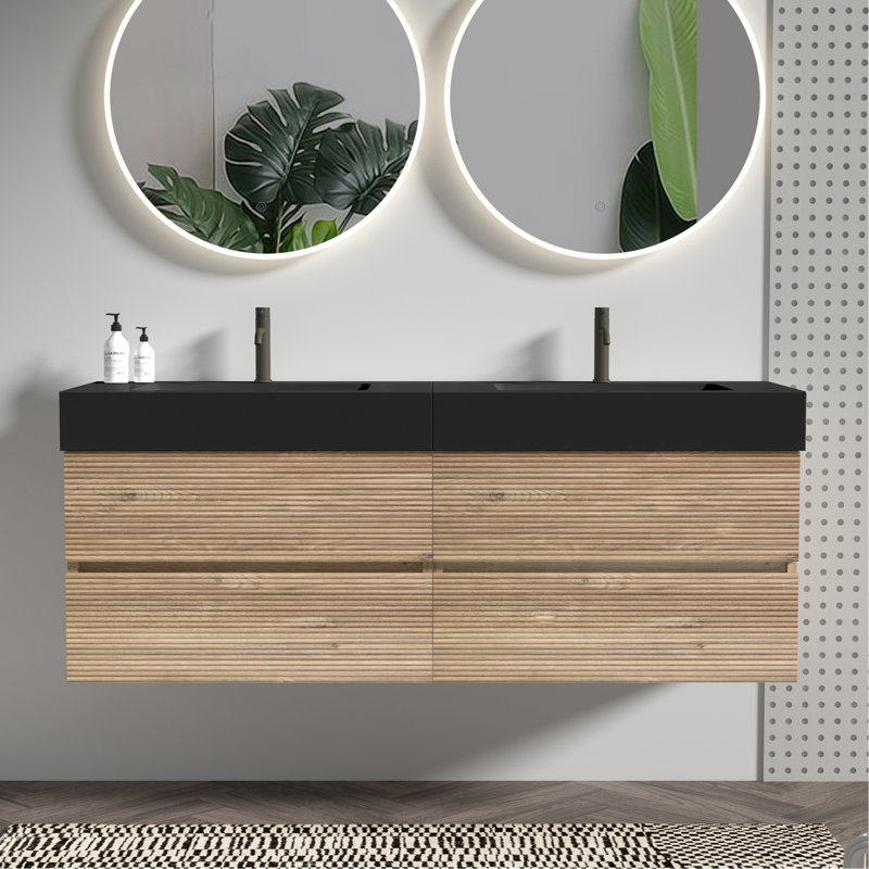 Meuble-lavabo de 60 po avec lavabo en quartz noir mat et tiroirs noirs doux, meuble-lavabo mural flottant pour salle de bain moderne, lavabo une pièce noir mat, KD