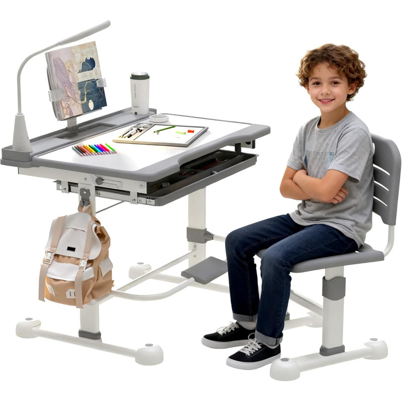  Desk And Chair Set For Kids Height Adjustable Drawing Desk Functional Study Table With 55° Tilt Desktop, Writing Board, Pen Slot, 3 Mode Led Light, Storage Drawer, Hook, Book Stand (gray)