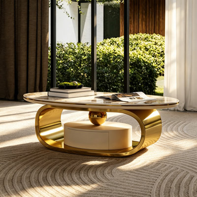 Table basse ovale contemporaine 51.18 po avec surface en pierre frittée et tiroir caché