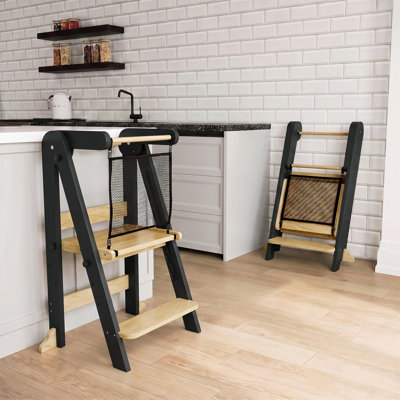 Foldable Kids Step Stool, 3 Adjustable Height Wooden Toddler Kitchen Tower With Safety Net - Grey