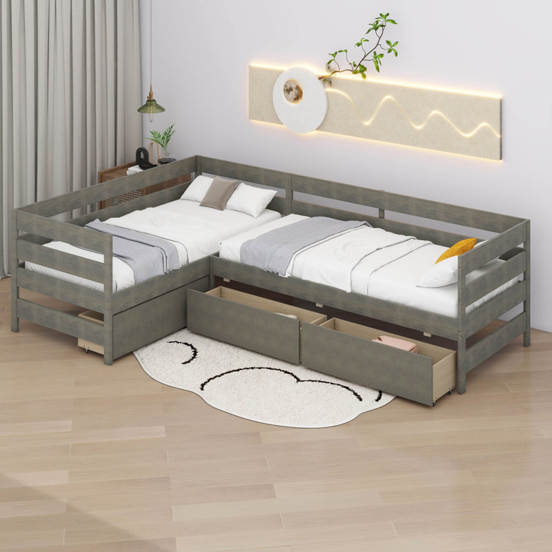 Twin Size L-Shaped Bed Frame With Drawers And Space-Saving 2 Beds In 1 Design, Gray