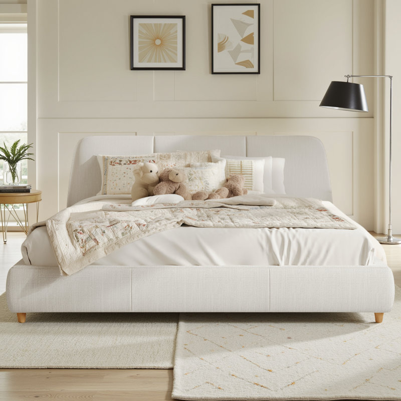Lit plateforme moderne en tissu de lin avec pieds en bois massif, blanc, sans sommier tapissier, Très grand lit