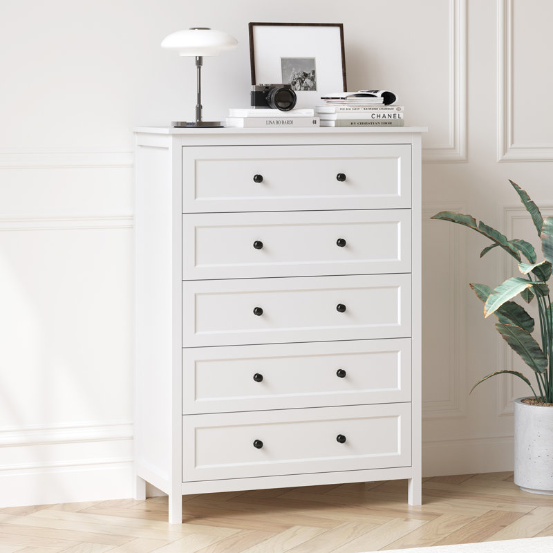 Commode 5 tiroirs pour chambre à coucher, commode de 42 po de hauteur avec poignées dorées, armoire de rangement moderne en bois pour le salon et le placard, noir
