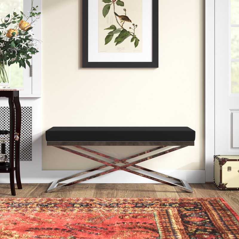 Serena Faux Leather Upholstered Bench, Black/Silver