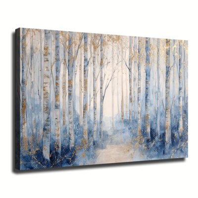 Aquarelle de paysage de forêt de bouleaux bleus et or, grande reproduction d'art sur toile tendue pour salon