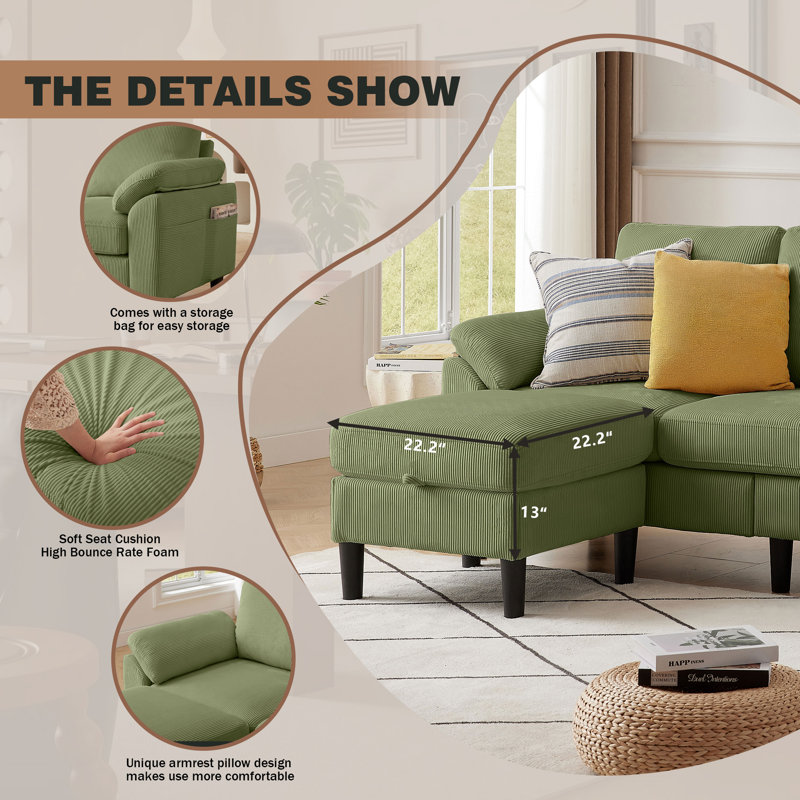 Darlyene Corduroy  79.32" Wide Reversible Sofa & Chaise with Ottoman, Green Polyester Blend