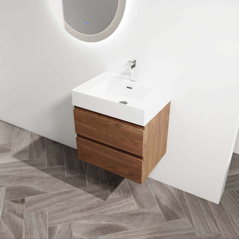 Meuble-lavabo mural avec lavabo en résine, Brun