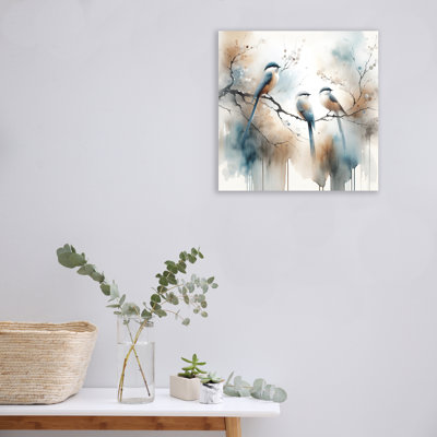 «Tranquil Elegance: Whimsical Birds on a Watercolor Branch», reproduction d'art