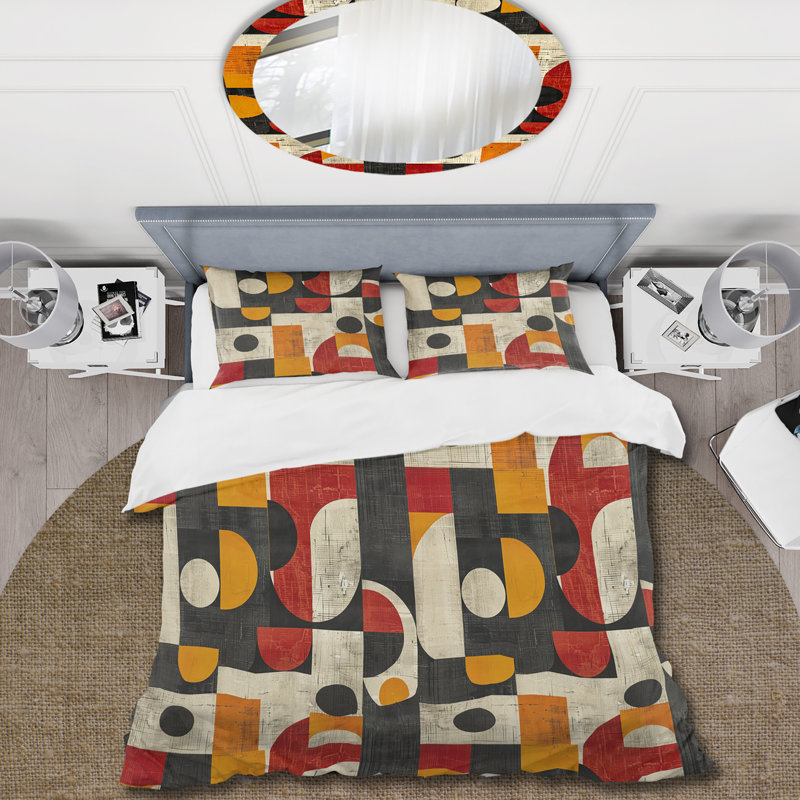Ensemble de housse de couette rouge et jaune Midcentury Geometric Shapes II - Midcentury Colours