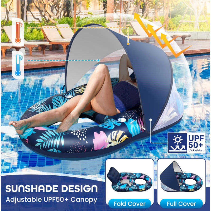 Inflatable Pool Floats With Removable Canopy, Large Pool Beach Floating Raft Lounge With 2 Cup Holders, Swimming Inflatable Pool Floats For Beach, Lake, Party