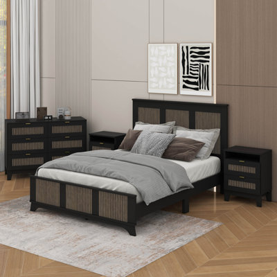 4-Pieces Bedroom Sets, Queen Size Farmhouse Platform Bed With Wooden Strip Decoration