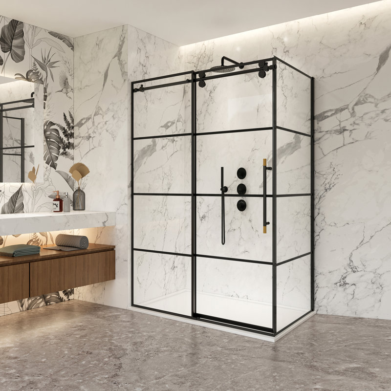 Losar 48'' Black Framed Rectangle Shower Enclosure with Sliding Door